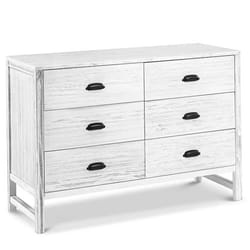 A whitewashed wooden dresser with six drawers and black handles.