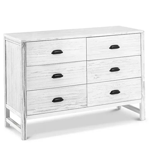 A whitewashed wooden dresser with six drawers and black handles.