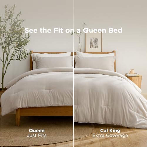 Comparison of Queen and Cal King bedding fit on a Queen bed: Queen size \“Just Fits\“ while Cal King offers \“Extra Coverage.\“