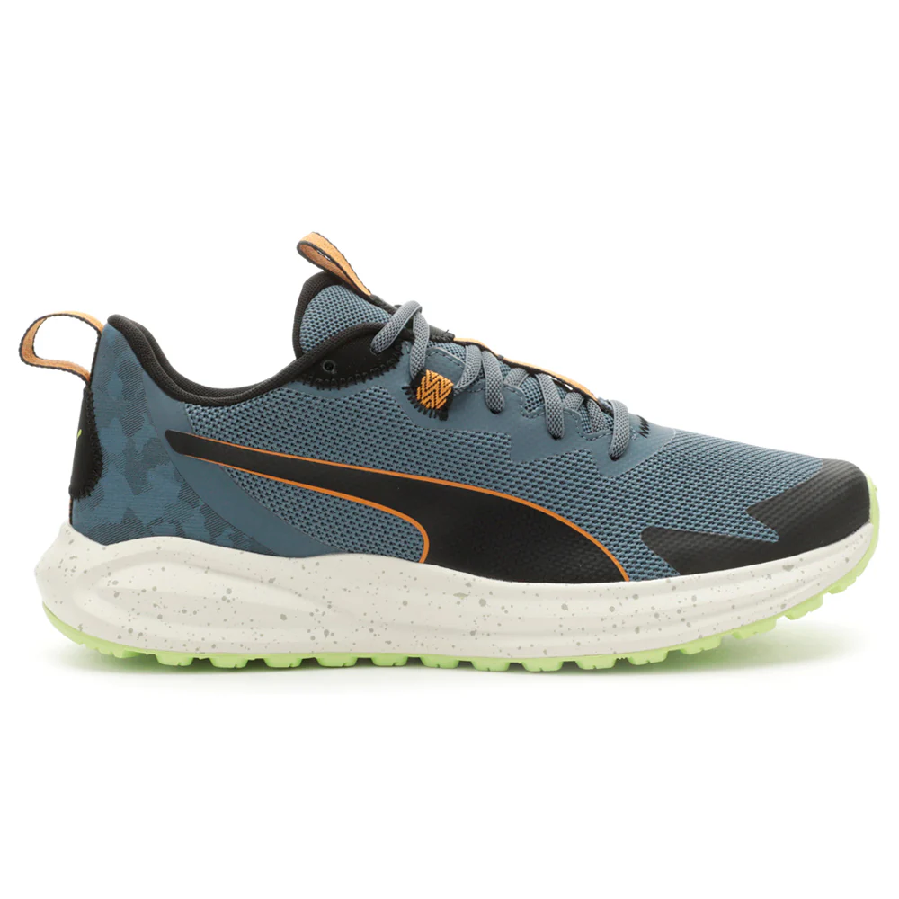 Gray and navy athletic shoes with a camo pattern on the heel, orange Puma stripe, and a speckled white sole.