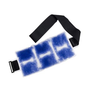 A blue gel bead therapy pack with adjustable black straps, used for hot or cold compression therapy.