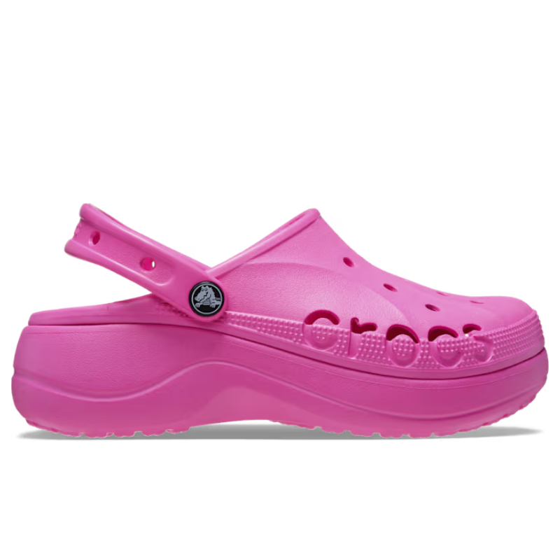 Pink Crocs Baya Platform Clogs with a lifted sole and ventilated upper, featuring the Crocs logo cutout on the side and an adjustable heel strap.