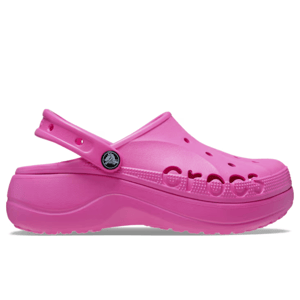 Pink Crocs Baya Platform Clogs with a lifted sole and ventilated upper, featuring the Crocs logo cutout on the side and an adjustable heel strap.