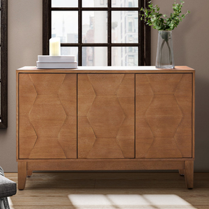 Mid-century modern sideboard with a geometric pattern on the doors, made of light wood. It features three cabinet doors and stands on short legs, topped with a candle and a vase with greenery.