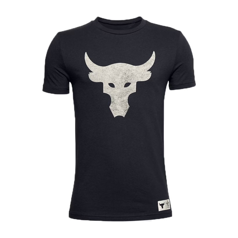 Black t-shirt with a large white stylized bull head logo on the front, associated with Under Armour's Project Rock collection.