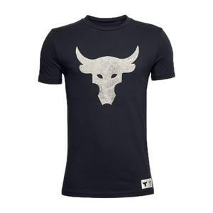 Black t-shirt with a large white stylized bull head logo on the front, associated with Under Armour's Project Rock collection.