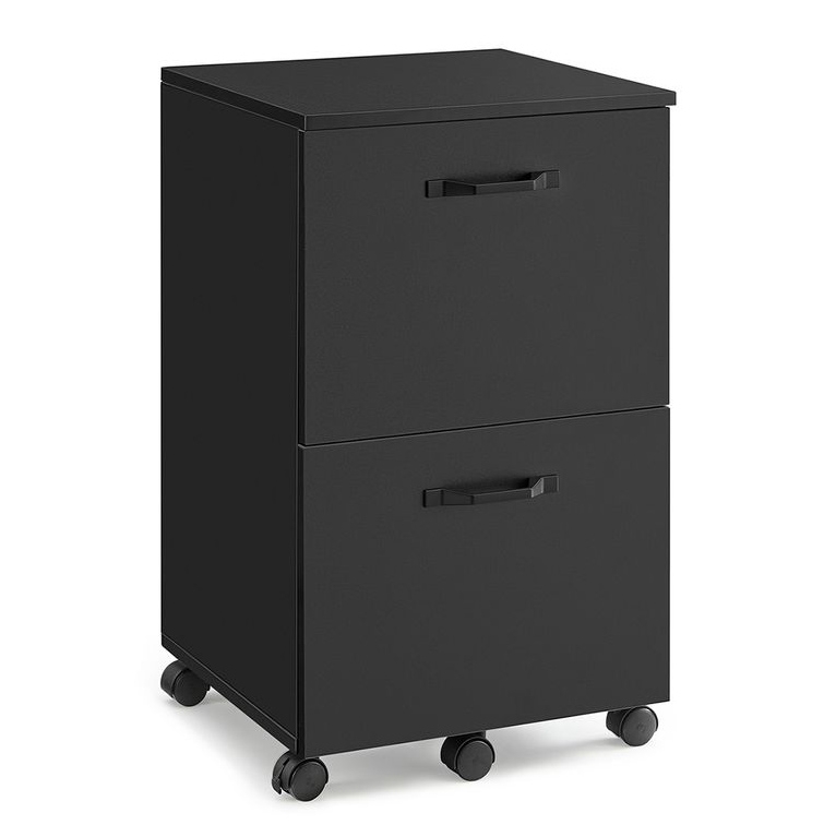 A black, two-drawer filing cabinet on wheels with sleek handles.