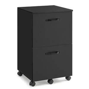 A black, two-drawer filing cabinet on wheels with sleek handles.