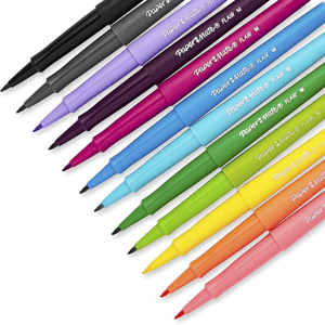 A collection of colored felt-tip pens arranged in a row, displaying a spectrum from black to pink.