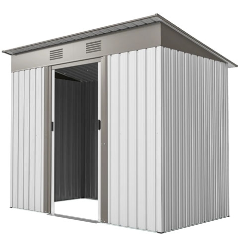 A metal garden shed with a sloped roof and sliding door, featuring ventilation panels at the top.