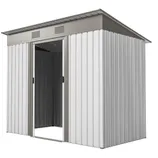 A metal garden shed with a sloped roof and sliding door, featuring ventilation panels at the top.
