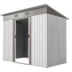 A metal garden shed with a sloped roof and sliding door, featuring ventilation panels at the top.