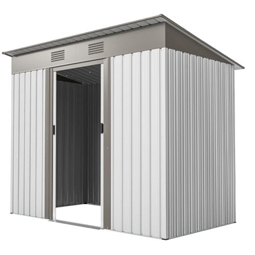 A metal garden shed with a sloped roof and sliding door, featuring ventilation panels at the top.