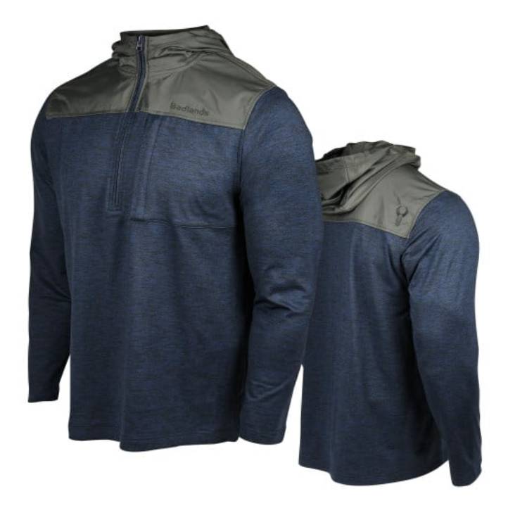 A blue long-sleeve pullover with a half-zip and contrasting green shoulder panels, displayed from front and back angles.