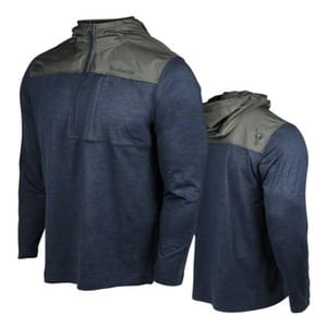 A blue long-sleeve pullover with a half-zip and contrasting green shoulder panels, displayed from front and back angles.