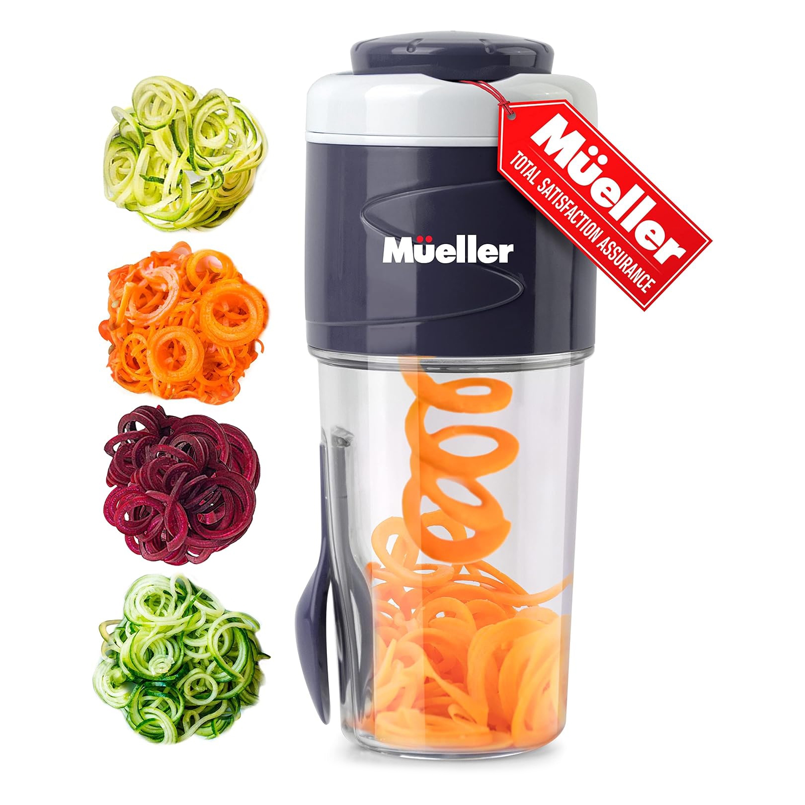 A vegetable spiralizer from Müller with a transparent container and multiple spiralizing options for creating curly vegetable strands.