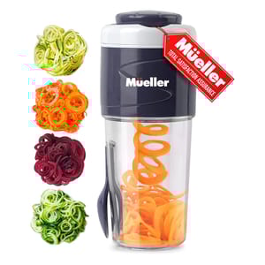 A vegetable spiralizer from Müller with a transparent container and multiple spiralizing options for creating curly vegetable strands.