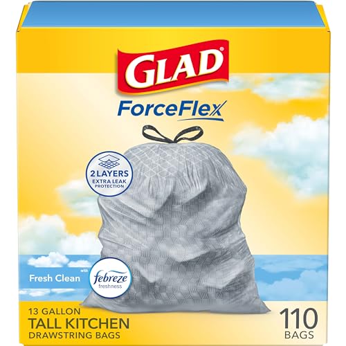 A box of Glad ForceFlex 13-gallon tall kitchen drawstring trash bags, featuring a Fresh Clean scent with Febreze freshness and a 2-layer design for extra leak protection; contains 110 bags.