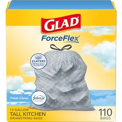 A box of Glad ForceFlex 13-gallon tall kitchen drawstring trash bags, featuring a Fresh Clean scent with Febreze freshness and a 2-layer design for extra leak protection; contains 110 bags.