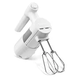 A white Cuisinart hand mixer featuring two metal beaters and a modern ergonomic design for comfortable use.