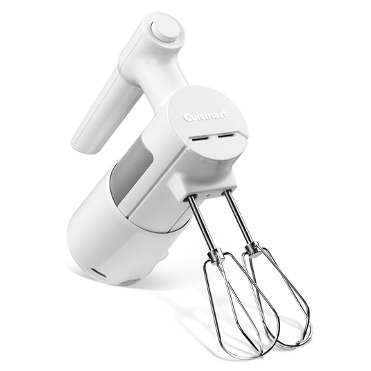A white Cuisinart hand mixer featuring two metal beaters and a modern ergonomic design for comfortable use.