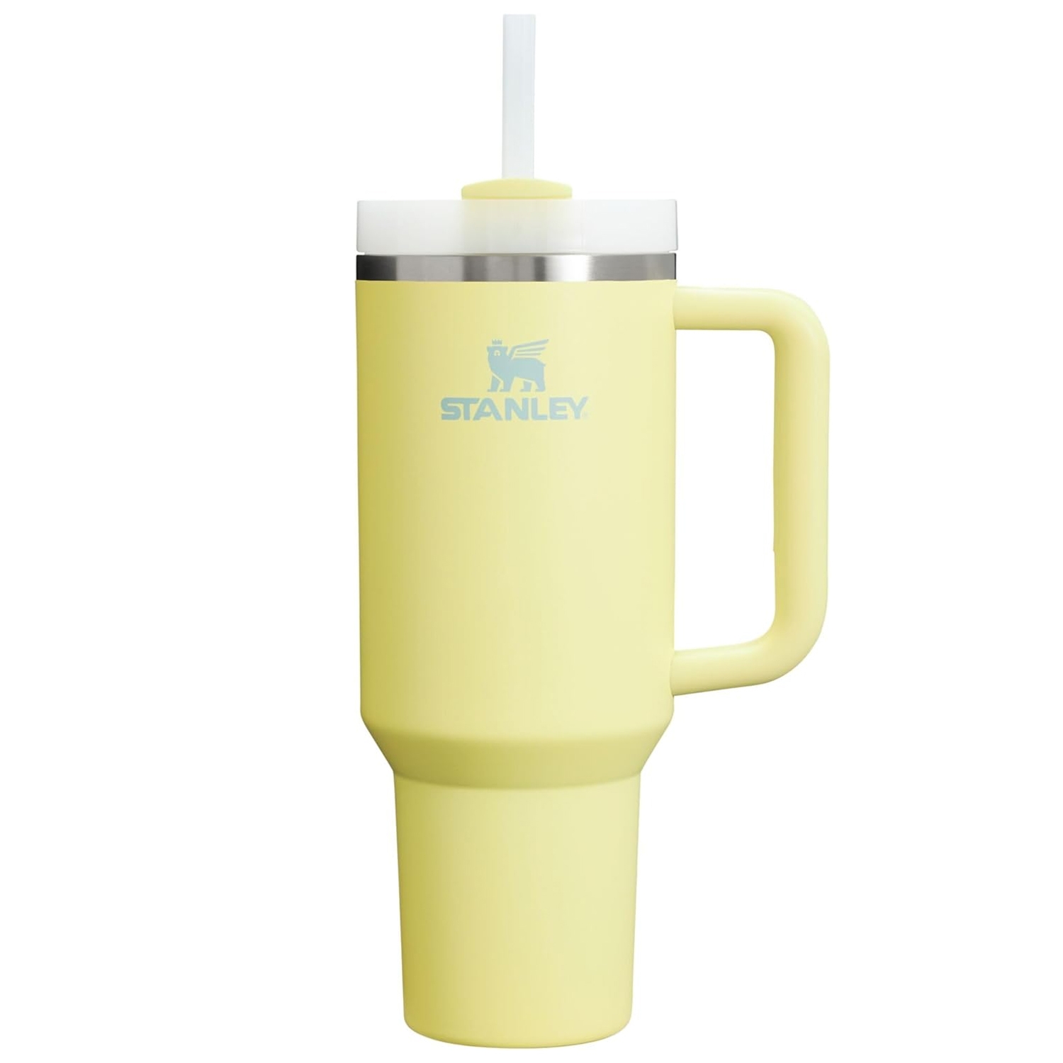 Yellow Stanley tumbler mug with a handle and straw.