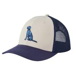 A beige and navy trucker cap with a mesh back features an embroidered blue dog logo on the front.