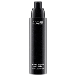 MAC Prep + Prime Natural Radiance Primer is a black cylindrical bottle with a pump dispenser, offering a base designed to enhance skin radiance and smoothness.
