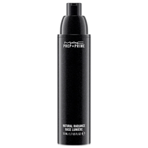 MAC Prep + Prime Natural Radiance Primer is a black cylindrical bottle with a pump dispenser, offering a base designed to enhance skin radiance and smoothness.