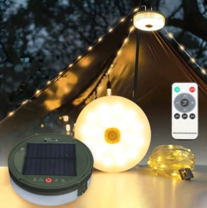 A waterproof strip light with a soft, warm glow is shown alongside a round, solar-powered light and a remote control.