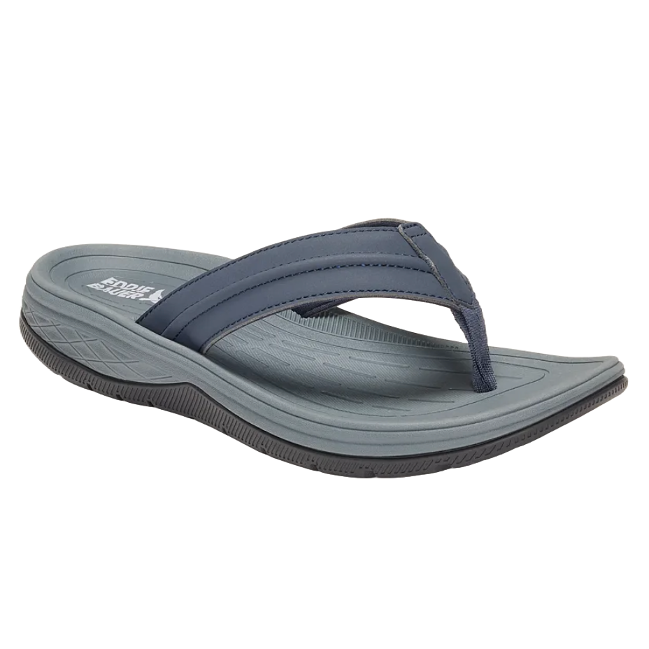 Eddie Bauer Men's Cushioned Sandals feature a dark blue thong strap, a cushioned grey footbed with textured detailing, and a sturdy rubber sole with a textured grip for enhanced traction and comfort.