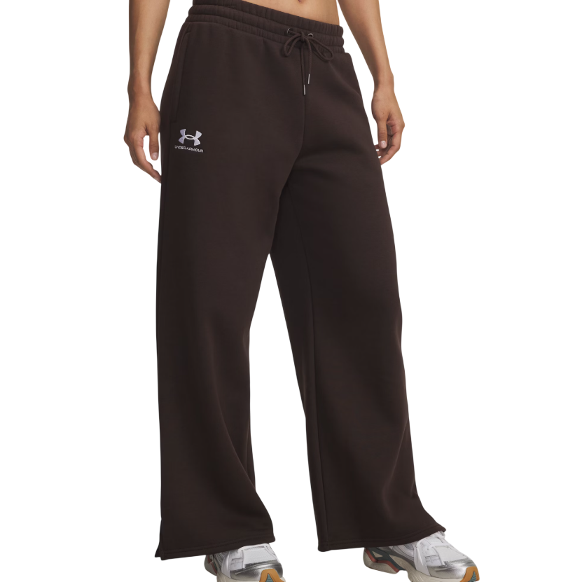 Black Under Armour wide-leg sweatpants with a white logo on the left thigh, featuring an elastic waistband with a drawstring. Paired with white sneakers.