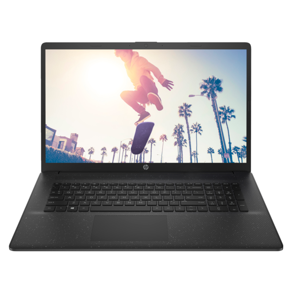 HP laptop with a skateboarder on the screen.