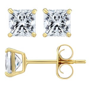 14K gold stud earrings featuring square-cut, clear stones set in a four-prong setting, with a secure post and friction back design.