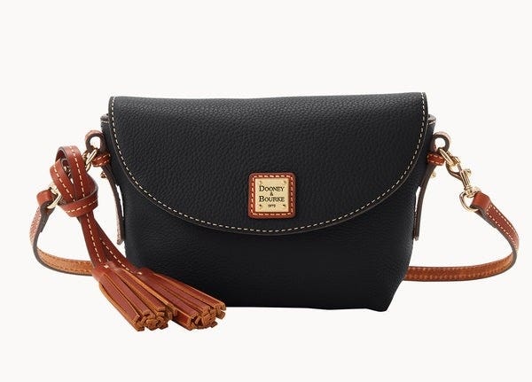 Black leather crossbody bag with brown leather straps, a front flap closure, and tassel accents. Features a Dooney & Bourke logo on the front.