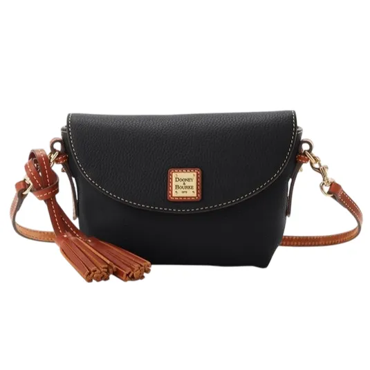 Black leather crossbody bag with brown leather straps, a front flap closure, and tassel accents. Features a Dooney & Bourke logo on the front.