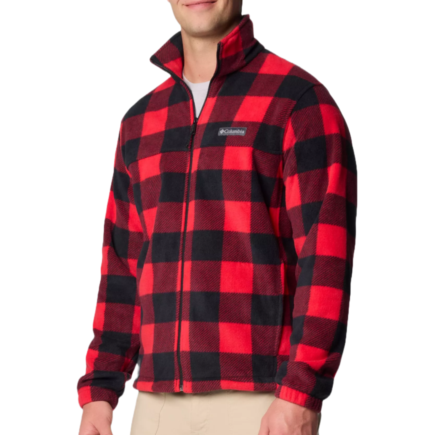 Red and black checkered Columbia fleece jacket with a front zipper and a stand-up collar, featuring a small logo on the chest.