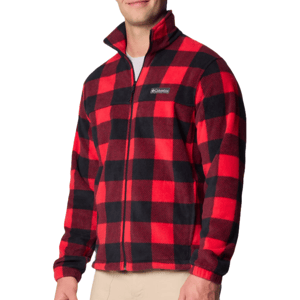 Red and black checkered Columbia fleece jacket with a front zipper and a stand-up collar, featuring a small logo on the chest.