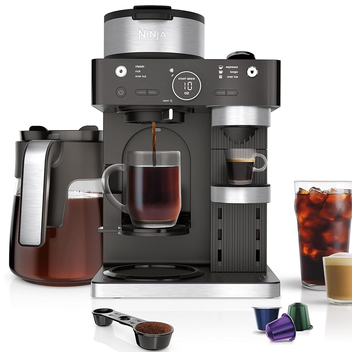 The Refurb Ninja Coffee Barista System is a versatile coffee machine that supports classic, rich, over-ice, and espresso brews. It includes a carafe, cups, and options for using ground coffee or pods, offering multiple brewing sizes and settings.
