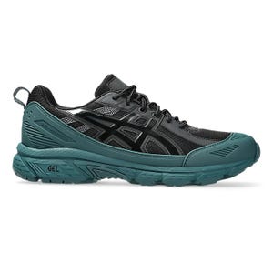 Trail running shoe with a black and teal design, featuring the ASICS logo and a GEL cushioning sole for enhanced comfort and traction.