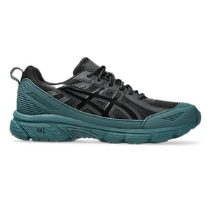 Trail running shoe with a black and teal design, featuring the ASICS logo and a GEL cushioning sole for enhanced comfort and traction.