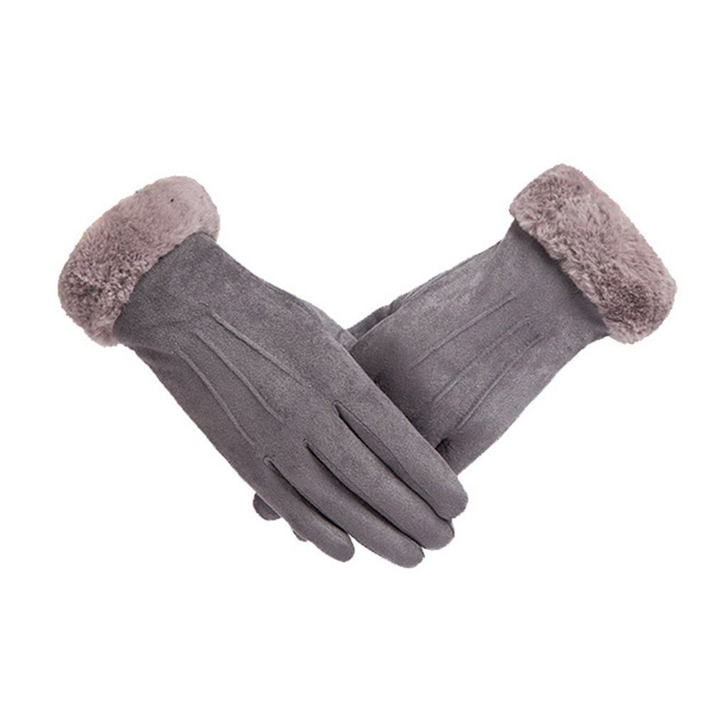 Gray gloves with a suede-like texture and plush, fuzzy cuffs.