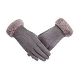 Gray gloves with a suede-like texture and plush, fuzzy cuffs.
