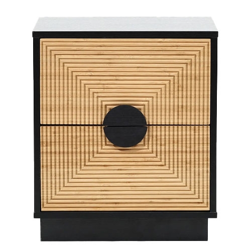 A modern wooden nightstand with two drawers, featuring a geometric pattern and a central black circular handle.