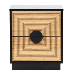 A modern wooden nightstand with two drawers, featuring a geometric pattern and a central black circular handle.