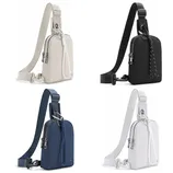 Four compact, rectangular crossbody bags with adjustable straps and zippered compartments are shown in white, black, navy, and off-white colors. Each bag features a detailed cord accent attached to the zipper area.