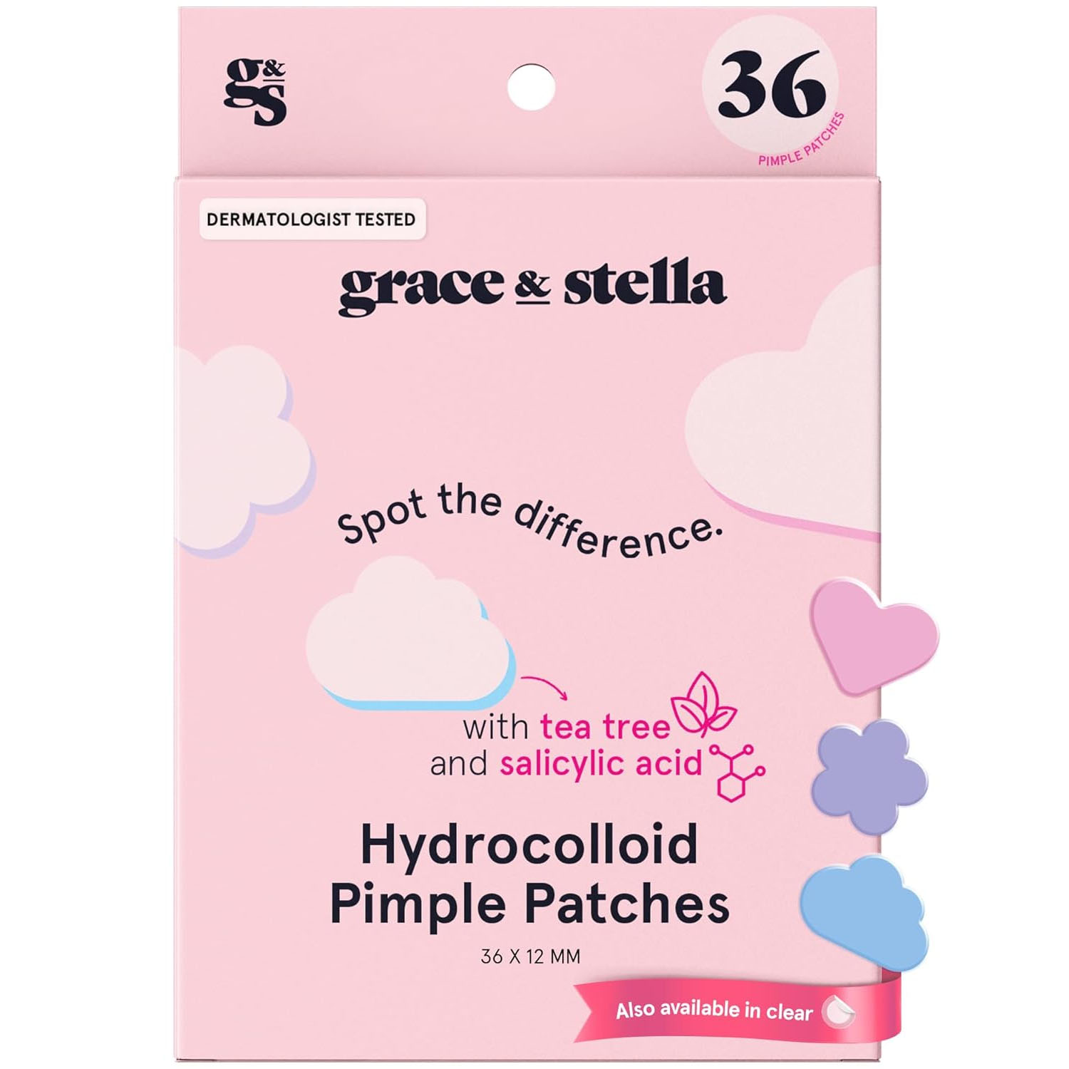 Grace & Stella Hydrocolloid Pimple Patches, with tea tree and salicylic acid, in a 36-count packaging. Each patch is 12 MM, dermatologist tested, and available in clear.
