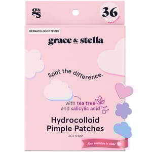 Grace & Stella Hydrocolloid Pimple Patches, with tea tree and salicylic acid, in a 36-count packaging. Each patch is 12 MM, dermatologist tested, and available in clear.