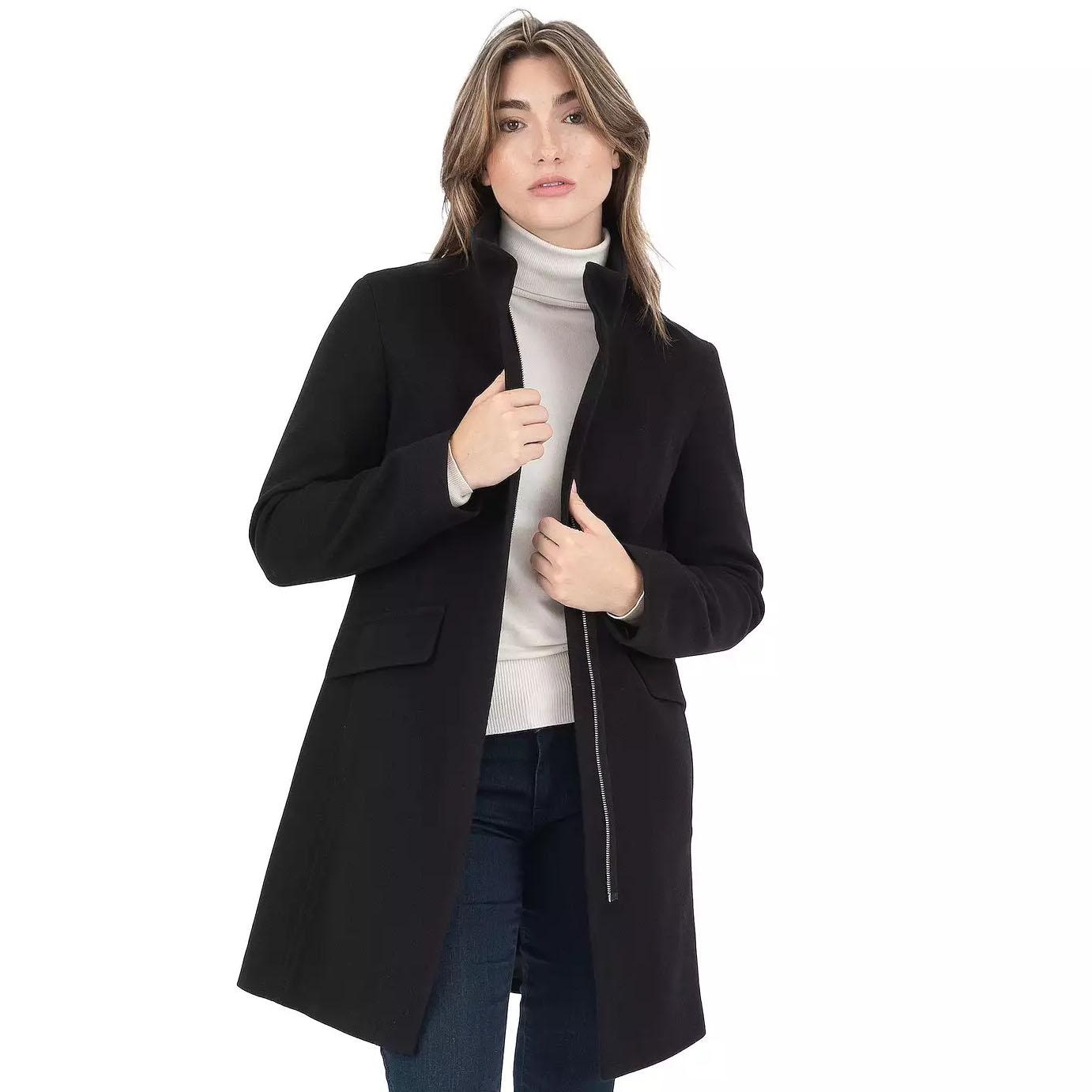 A stylish black Nine West winter coat featuring a high collar, full-length front zipper, and flap pockets, paired with a light turtleneck sweater and jeans.