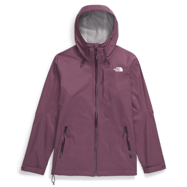 The North Face Women's Rain Jacket is a purple, waterproof hooded jacket with adjustable drawstrings, a front zipper, and zippered pockets. The North Face logo is on the chest.